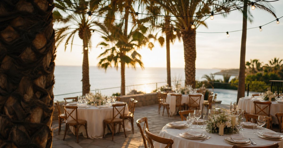 Coastal terrace set for a small wedding dinner at golden hour, white linen tables, wooden chairs, string lights overhead, palm shadows on a stone floor, ocean in the background