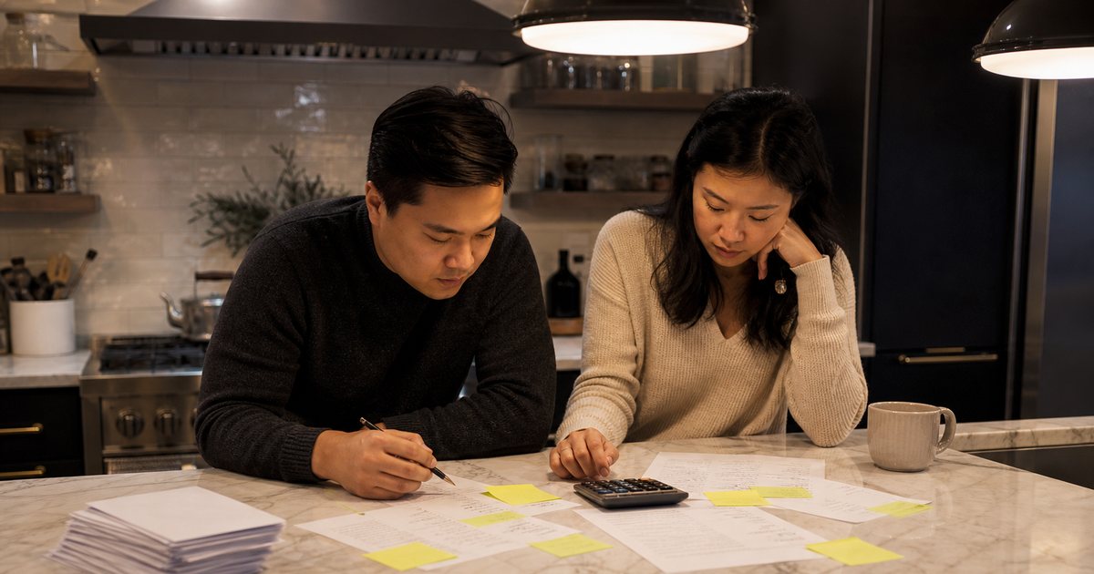 Two people at a kitchen island with handwritten guest list pages, sticky notes, and a calculator, a stack of unaddressed envelopes to one side, warm overhead light
