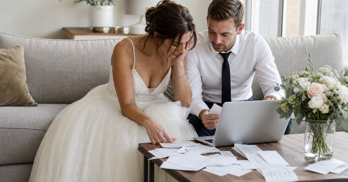 Newlywed couple relaxing on a couch with a laptop and a stack of receipts and envelopes on the coffee table, a leftover wedding bouquet in a vase, calm morning light