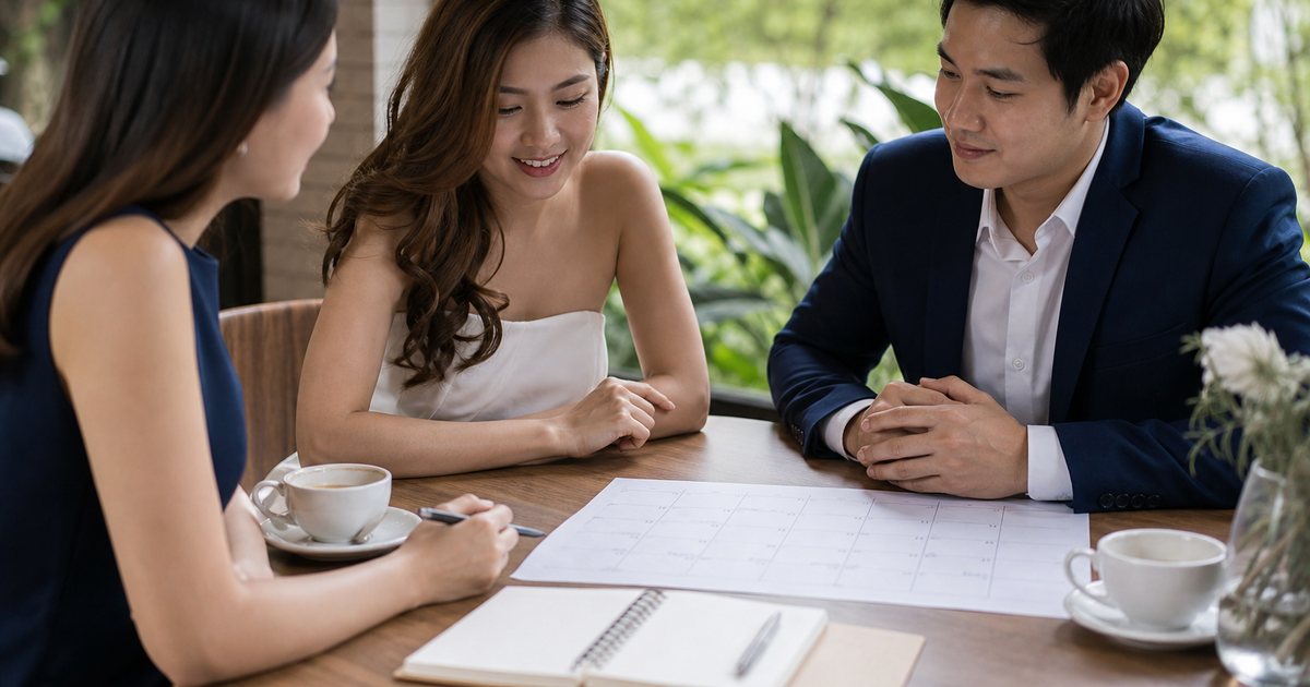 Couple sitting with a wedding planner at a bright cafe table, a paper calendar and a notebook open between them, coffee cups, greenery outside the window