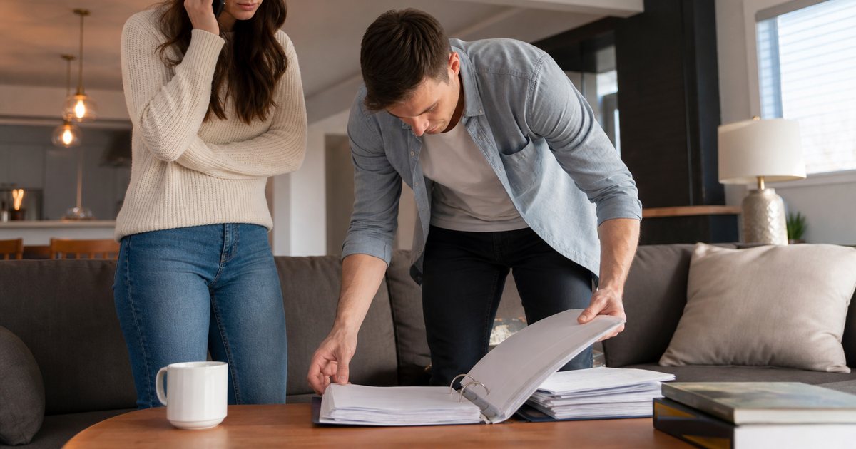 Young couple standing in a bright living room, one holding a phone to their ear, the other flipping through a binder of vendor contracts at a coffee table, late afternoon light