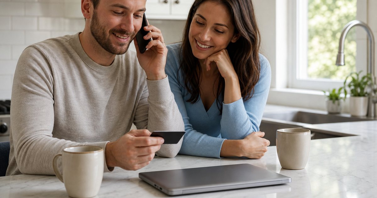 Engaged couple at a sunlit kitchen counter, one person holding a credit card while speaking on a phone held to the ear, closed laptop, two coffee mugs, soft morning light through a window