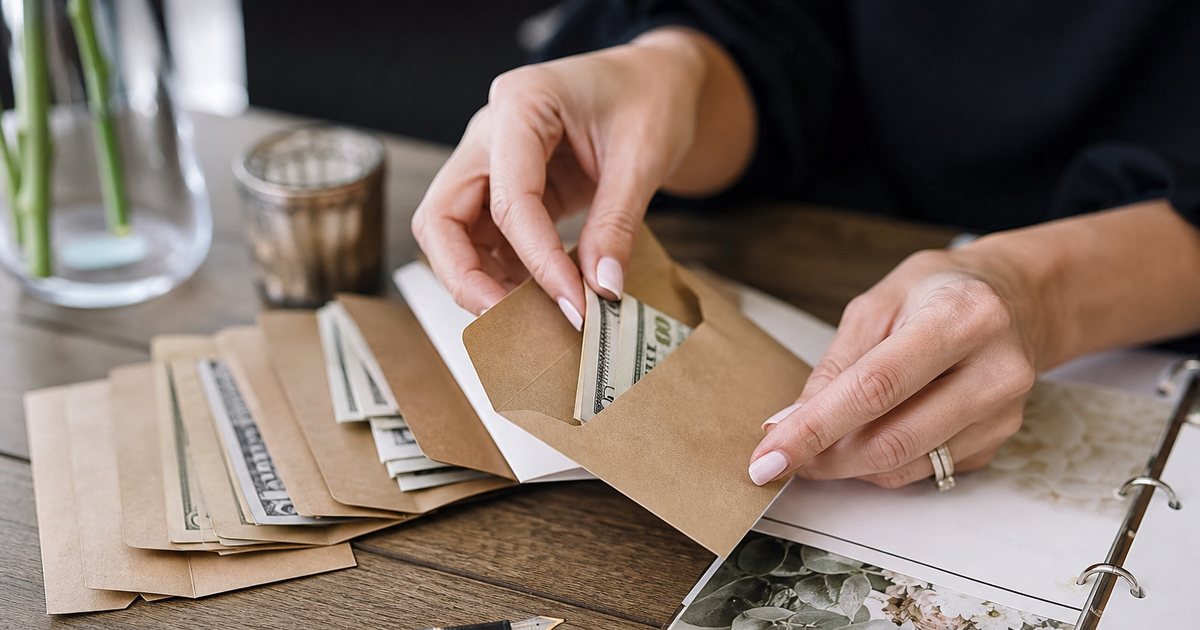 Close-up of hands placing folded bills into small labeled kraft paper envelopes on a wooden desk, a fountain pen and a wedding planner binder nearby, soft daylight