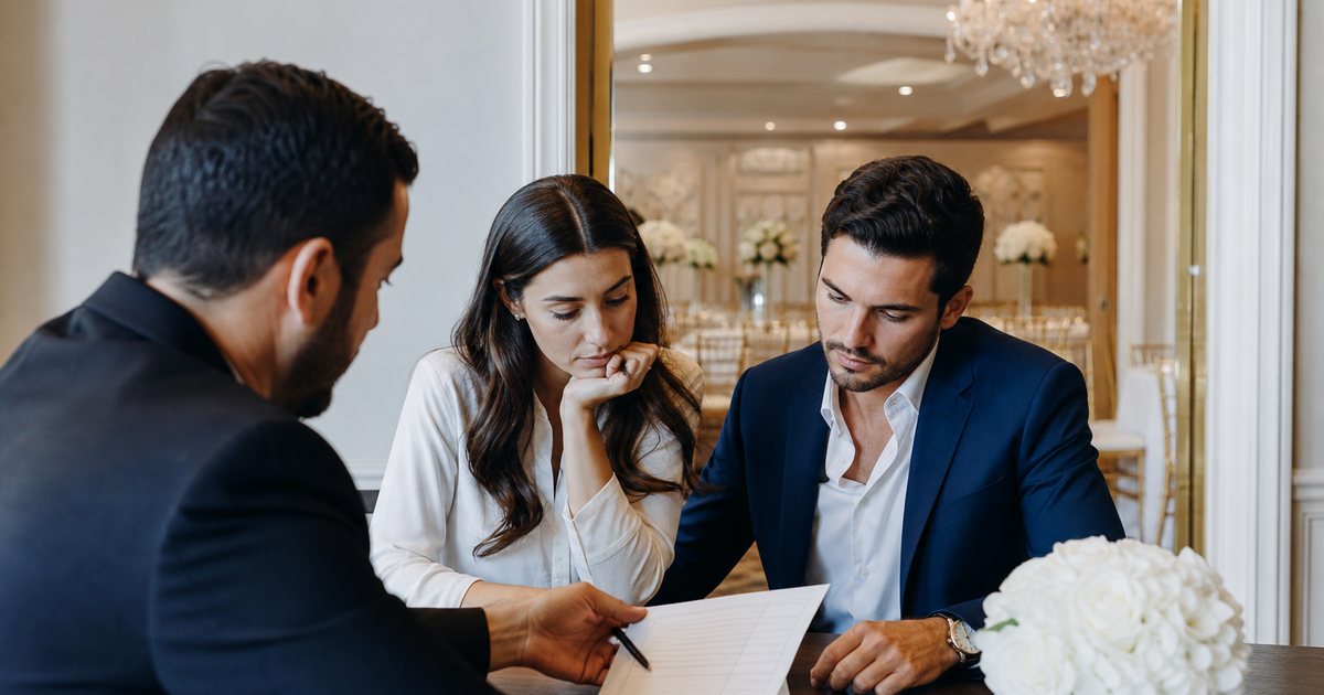 Bride-to-be and her partner reviewing a long printed invoice at a reception venue office, a venue manager across the desk, chandelier and empty banquet tables visible through the doorway